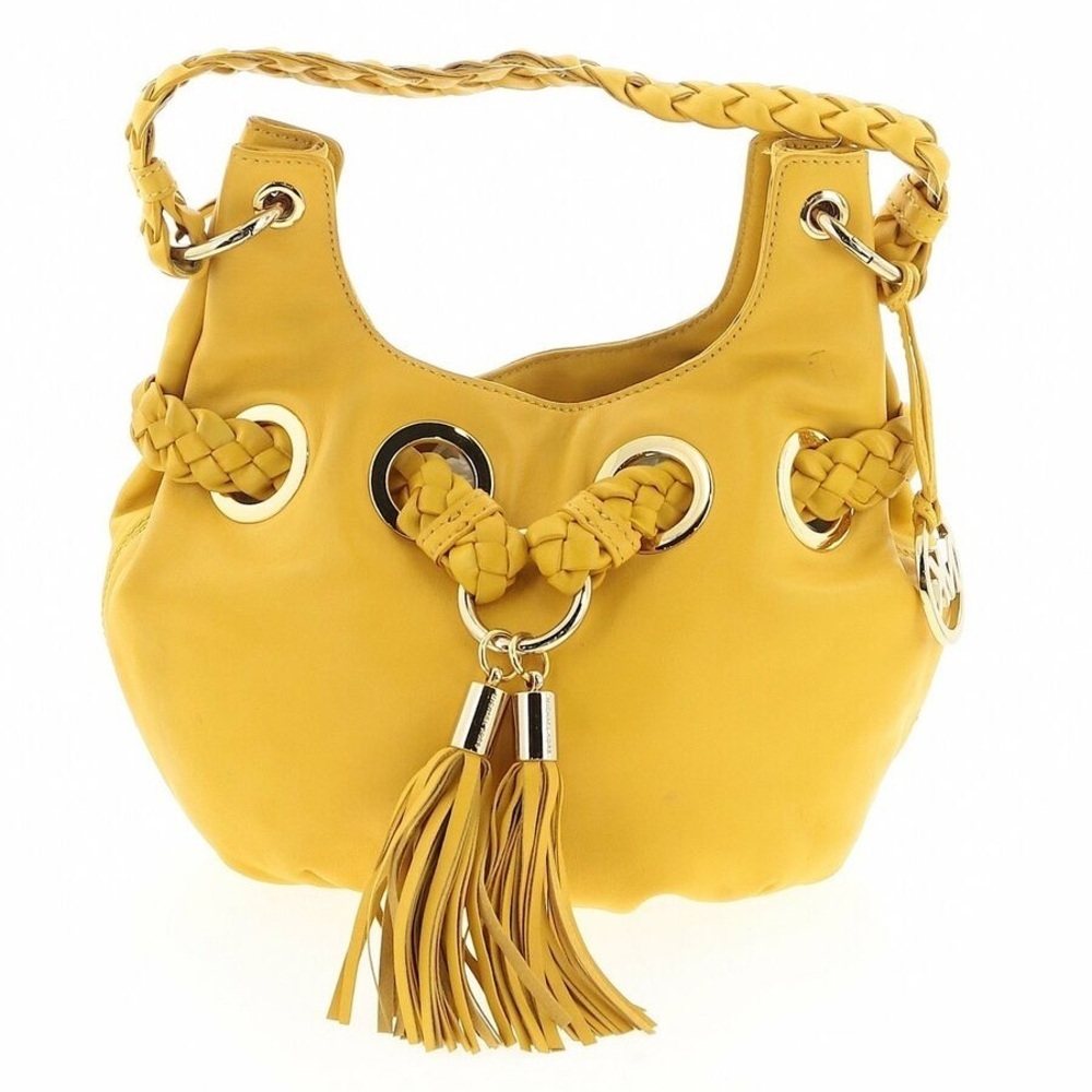 Michael Kors Yellow Leather Braided Tassel Grommet Accent Bucket Shoulder Bag OS